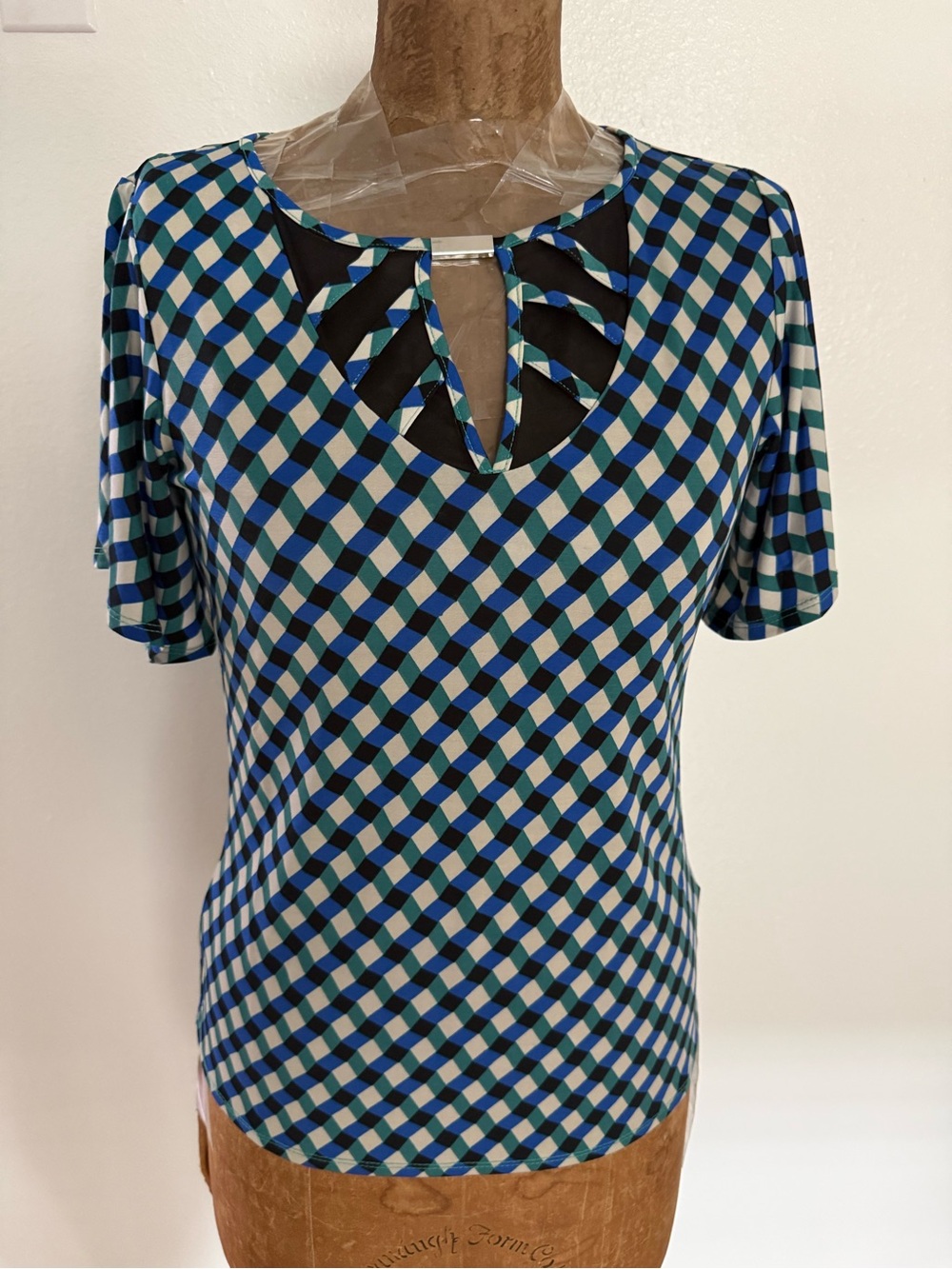 NWT NY Collection Blue & Black Geometric Short Sleeve Top PS & PM